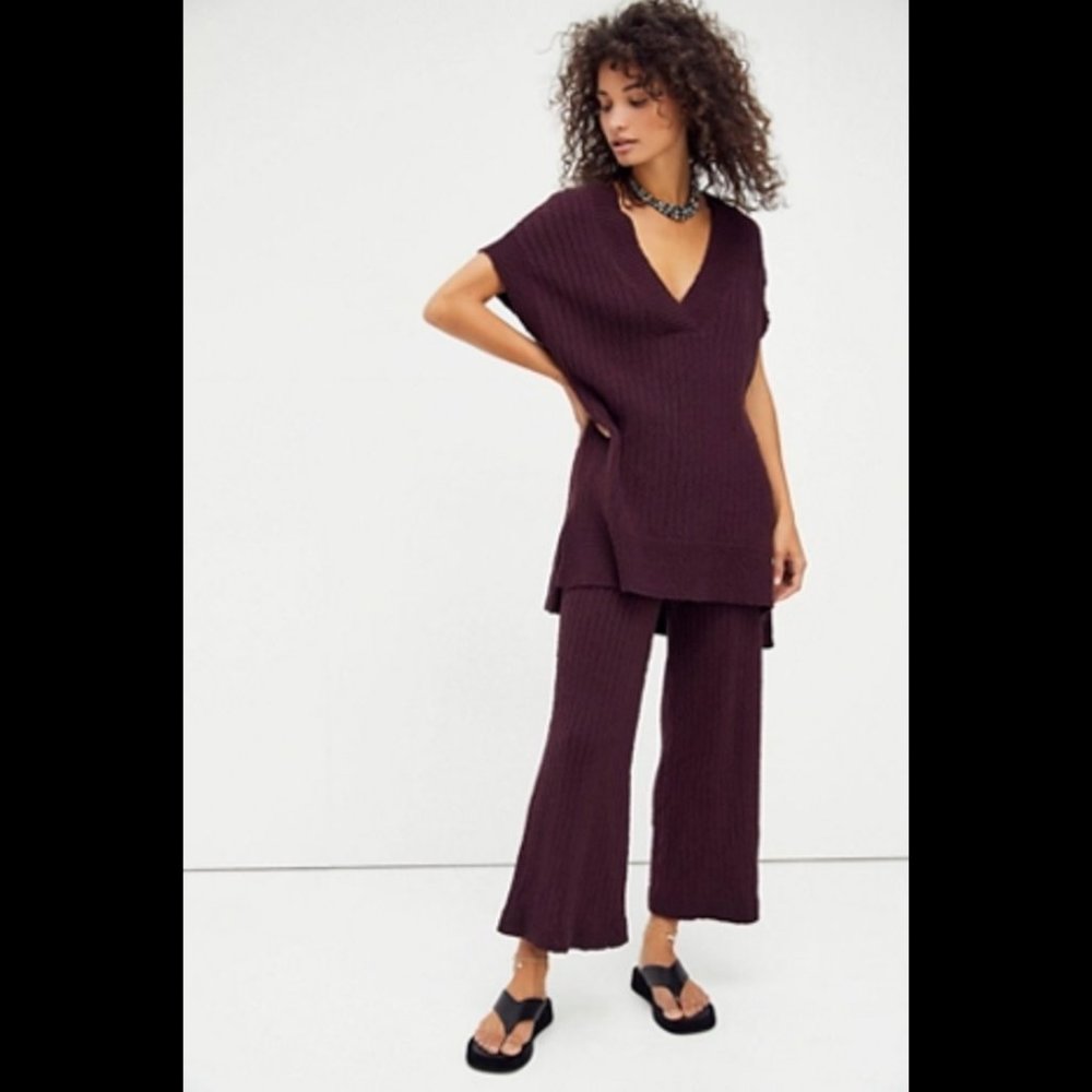 FREE PEOPLE - OCEAN DRIVE SWEATER SET - SWEATER VEST & PANTS - PLUM - LARGE